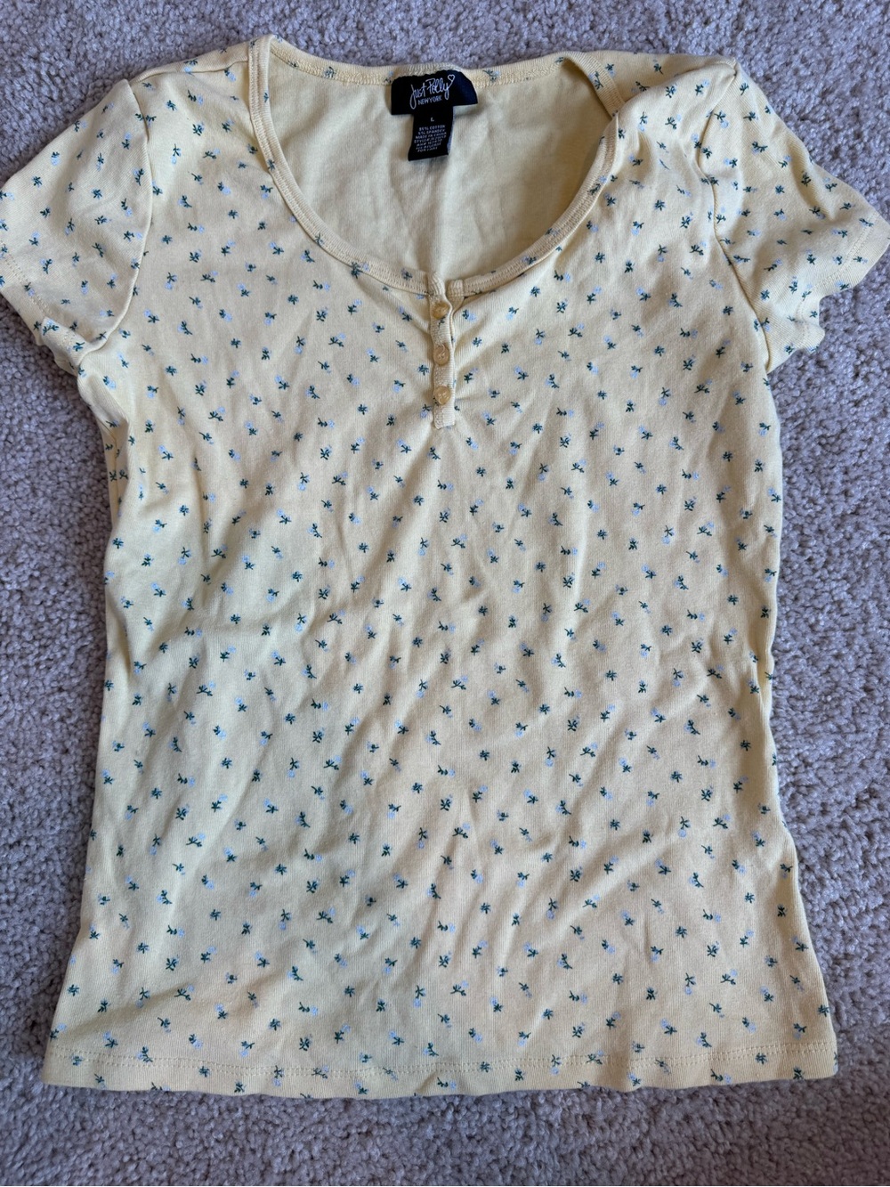 Soft Pale Yellow Henley Tee with Tiny Blue Floral Print
